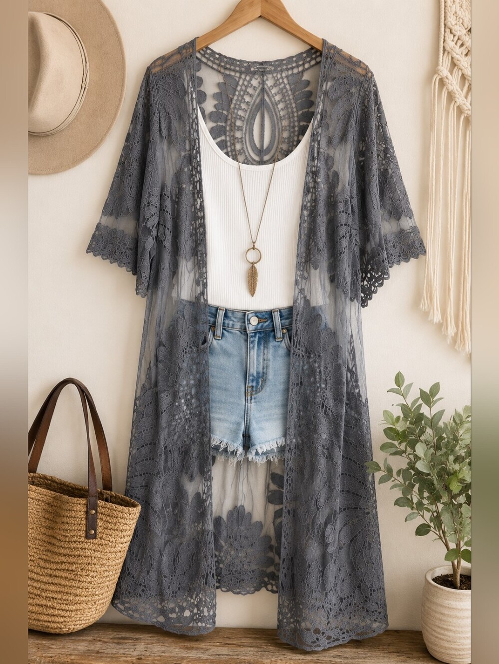 Rebellion Again Gray Sheer Lace Duster Kimono Cardigan Boho Festival Size Large